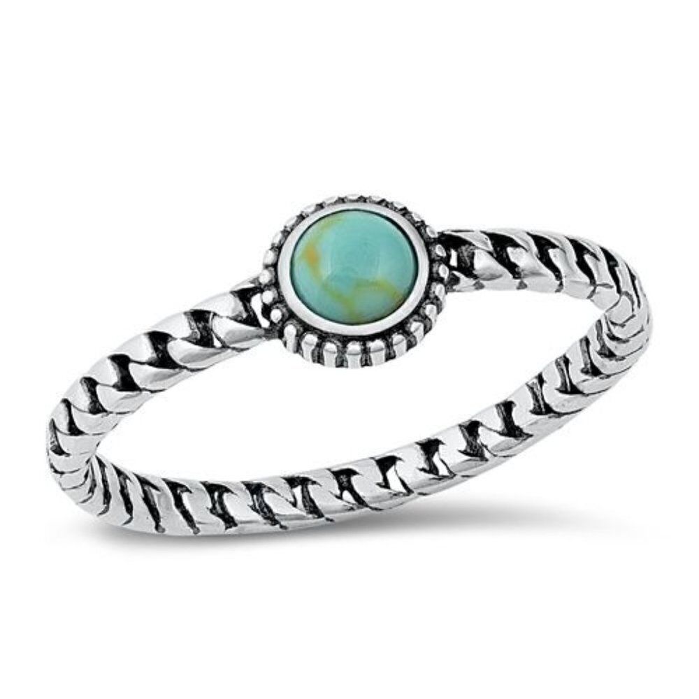 Sterling Silver 925 Dainty Minimalist Round Turquoise Twisted Band Ring Sz 5.25